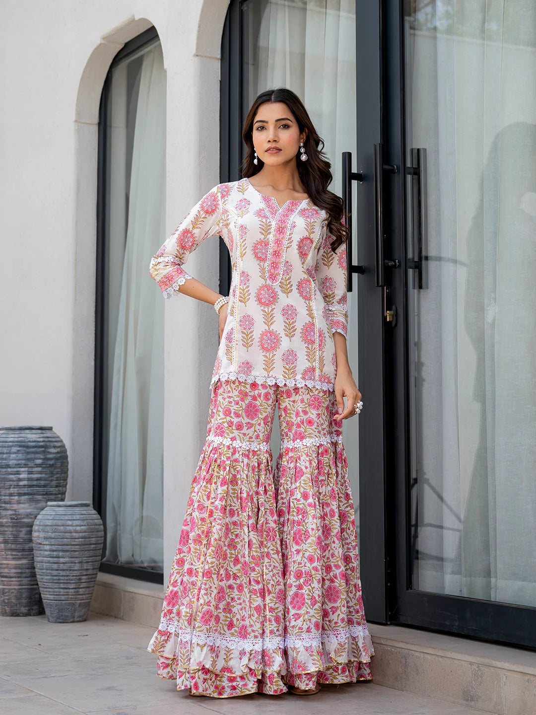 White Floral Print Pure Cotton Kurta Sharara Set