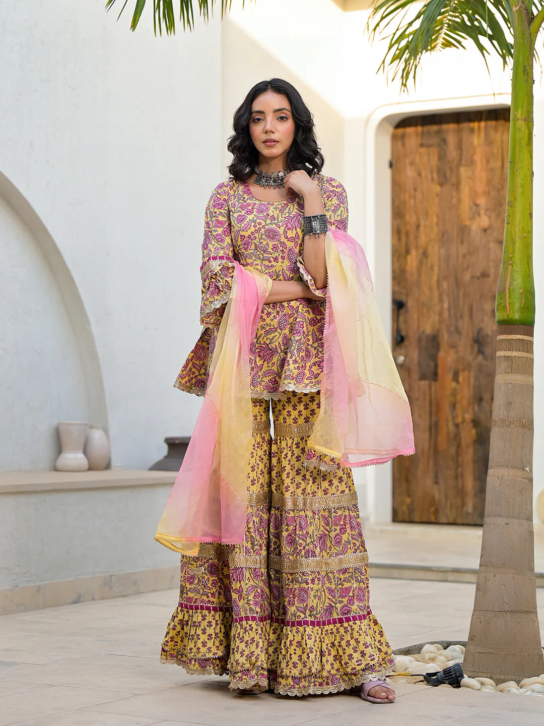 Yellow Floral Print Cotton Kurta Sharara Set
