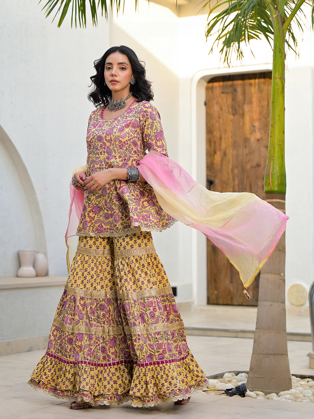 Yellow Floral Print Cotton Kurta Sharara Set