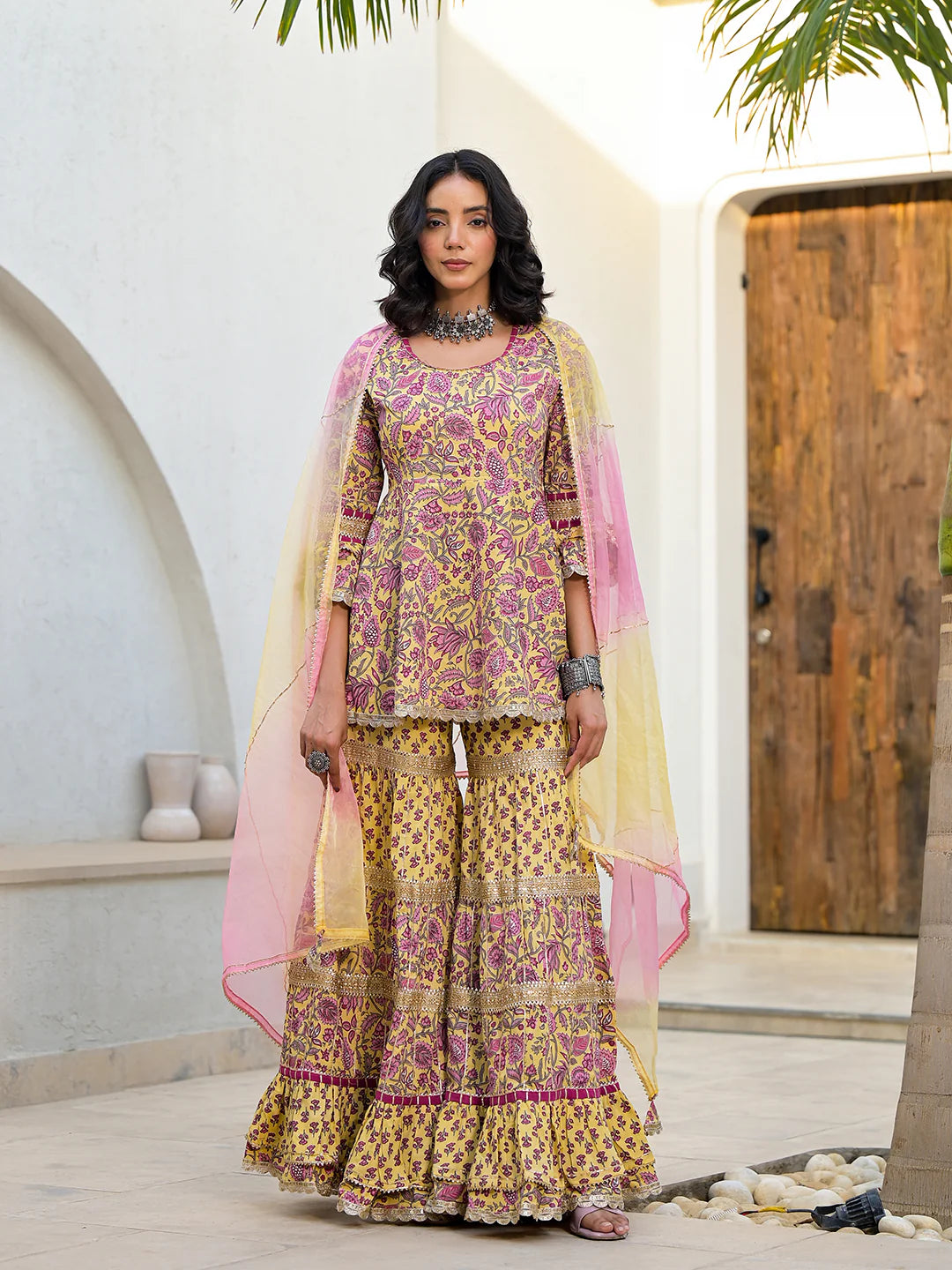 Yellow Floral Print Cotton Kurta Sharara Set
