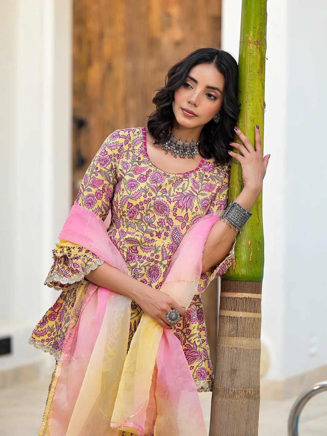 Yellow Floral Print Cotton Kurta Sharara Set