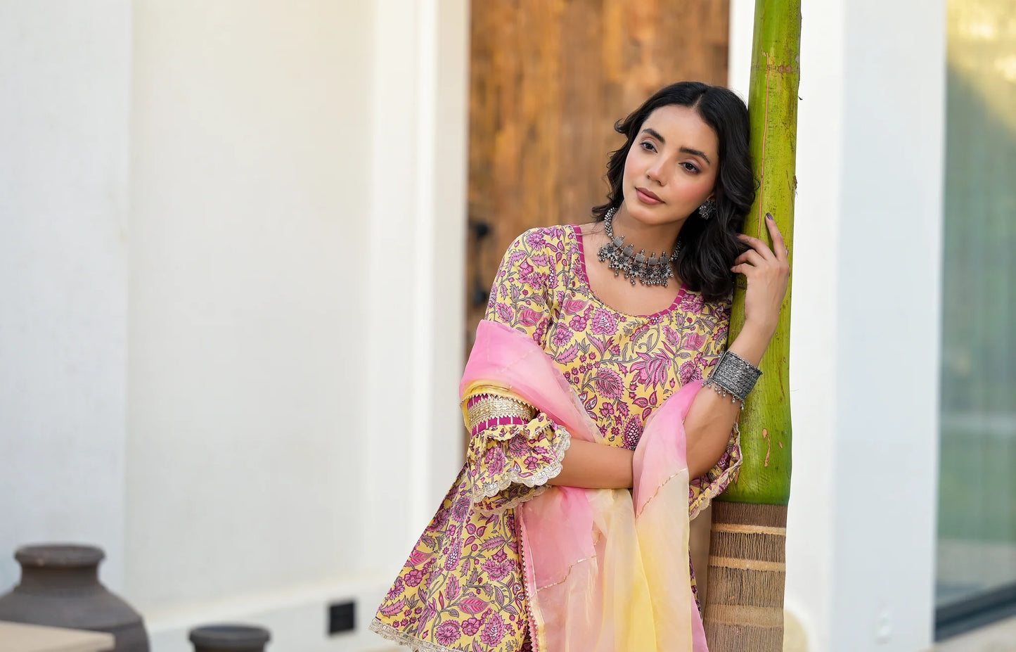 Yellow Floral Print Cotton Kurta Sharara Set