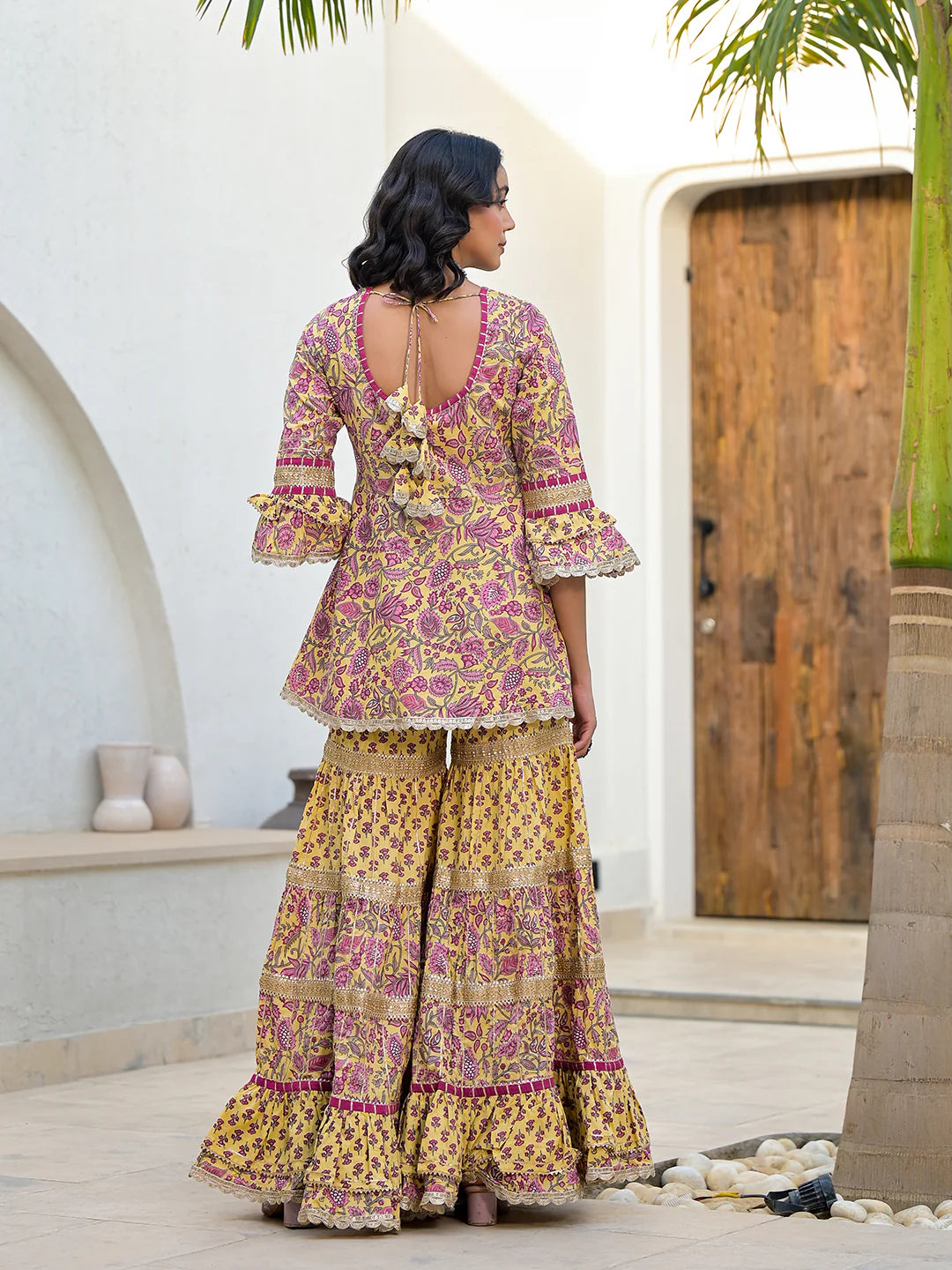 Yellow Floral Print Cotton Kurta Sharara Set