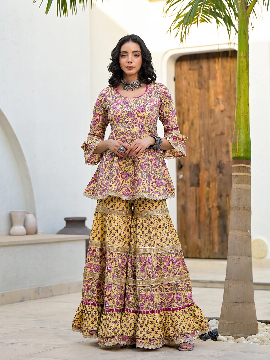 Yellow Floral Print Cotton Kurta Sharara Set