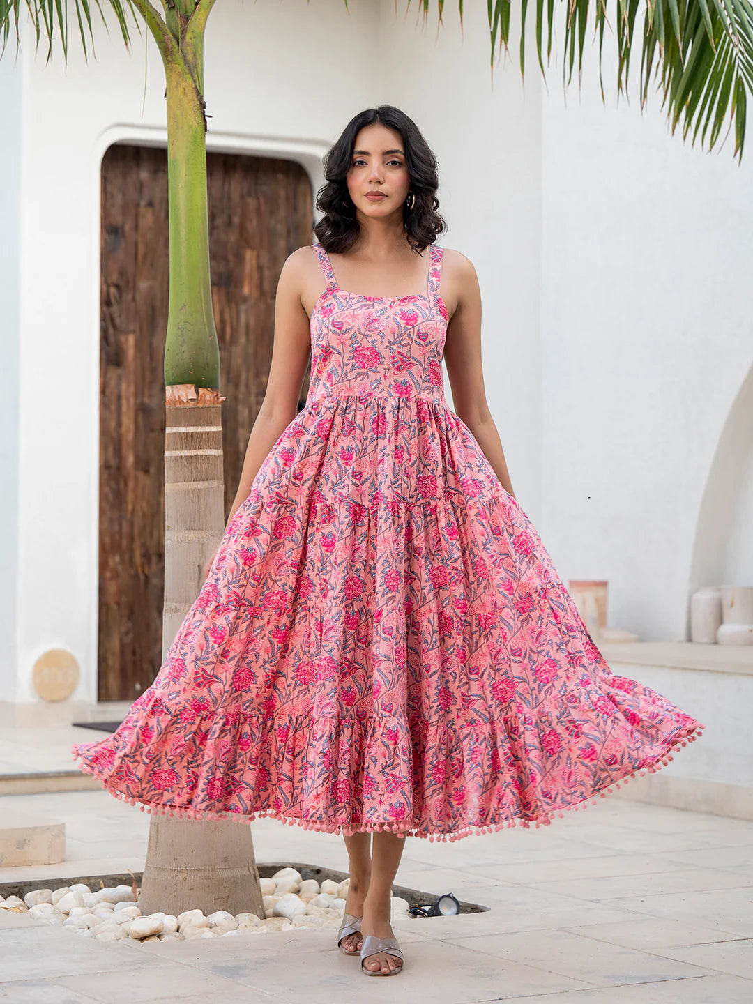 Pink Floral Printed Shoulder Strip Calf Long Ethnic Dress