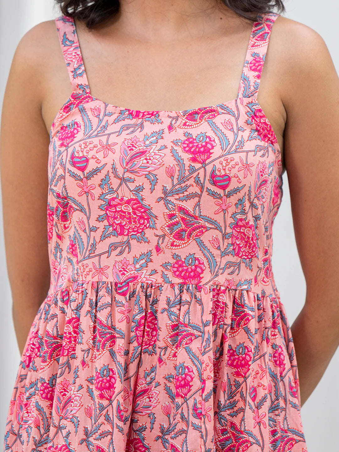 Pink Floral Printed Shoulder Strip Calf Long Ethnic Dress