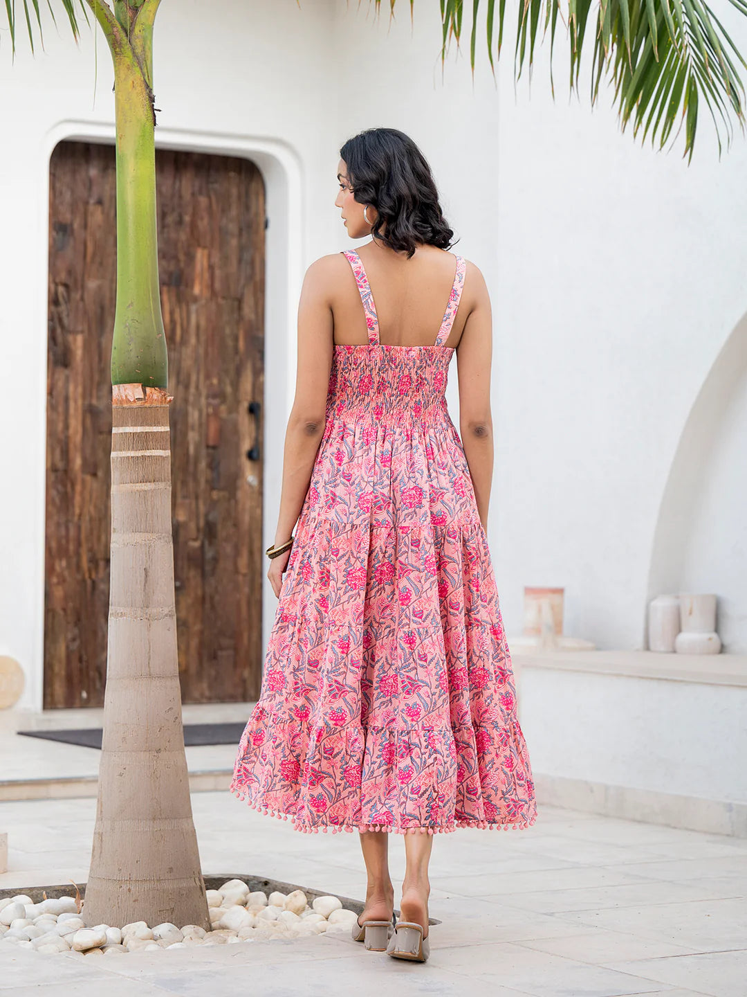 Pink Floral Printed Shoulder Strip Calf Long Ethnic Dress