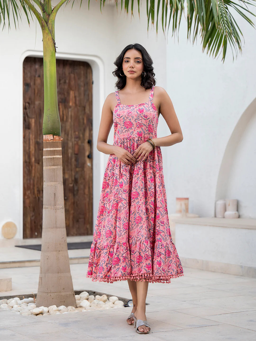 Pink Floral Printed Shoulder Strip Calf Long Ethnic Dress