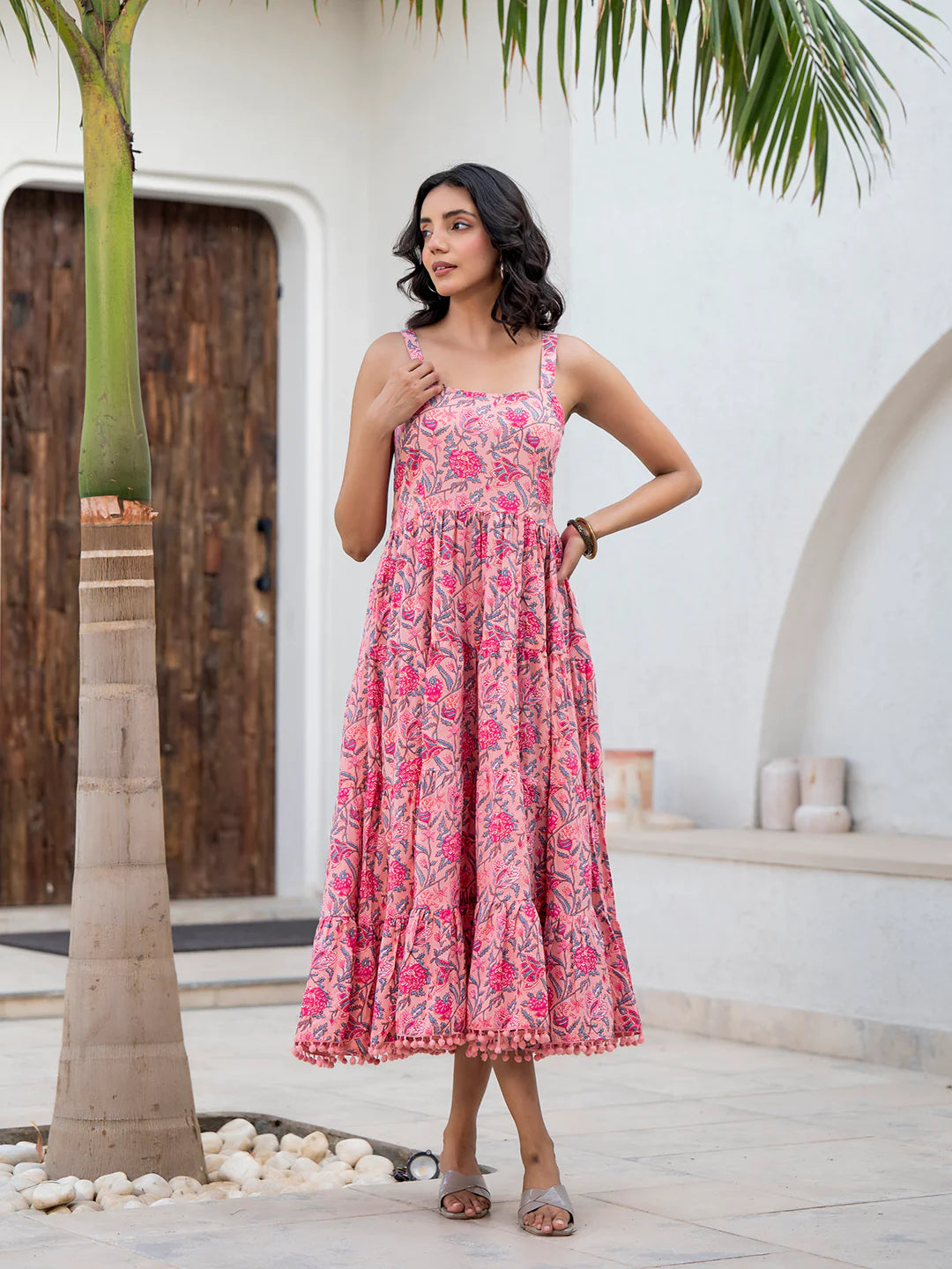 Pink Floral Printed Shoulder Strip Calf Long Ethnic Dress