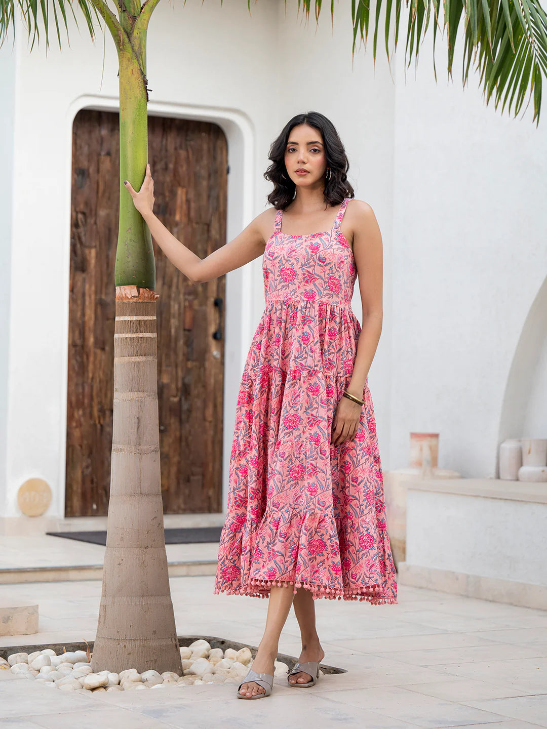 Pink Floral Printed Shoulder Strip Calf Long Ethnic Dress