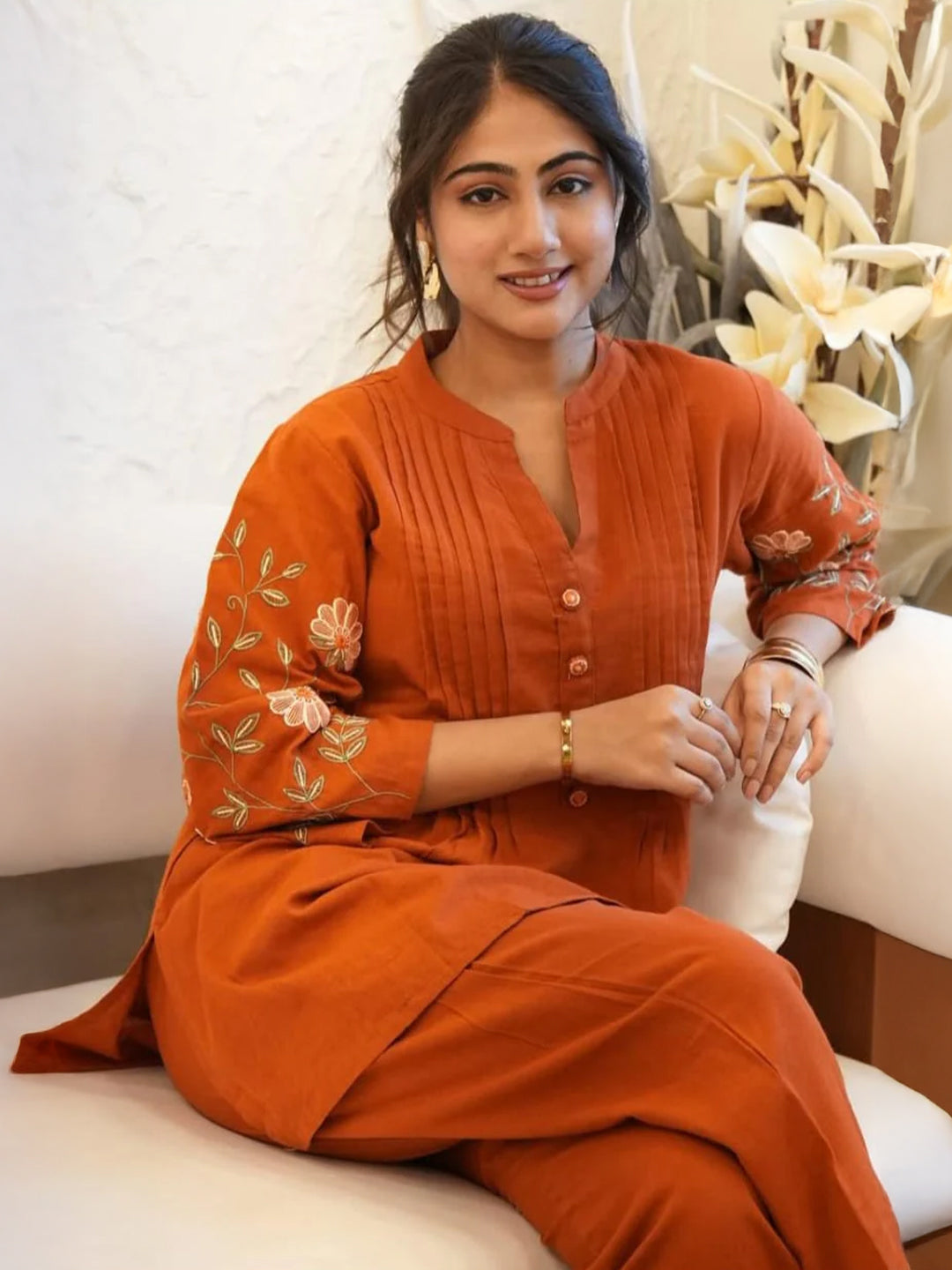 Rust Orange Embroidered Cotton Co-Ord Set