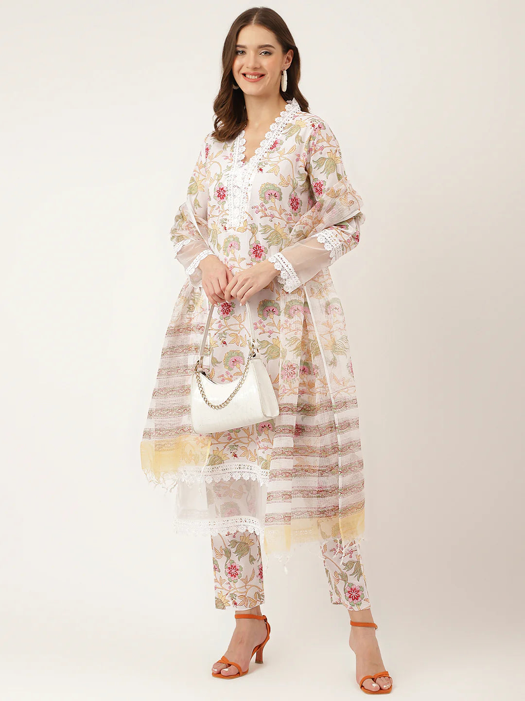 Off White Hand Block Floral Print Cotton Kurta, Trouser with Dupatta