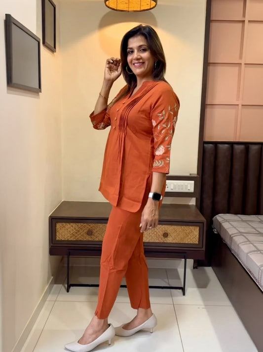 Rust Orange Embroidered Cotton Co-Ord Set