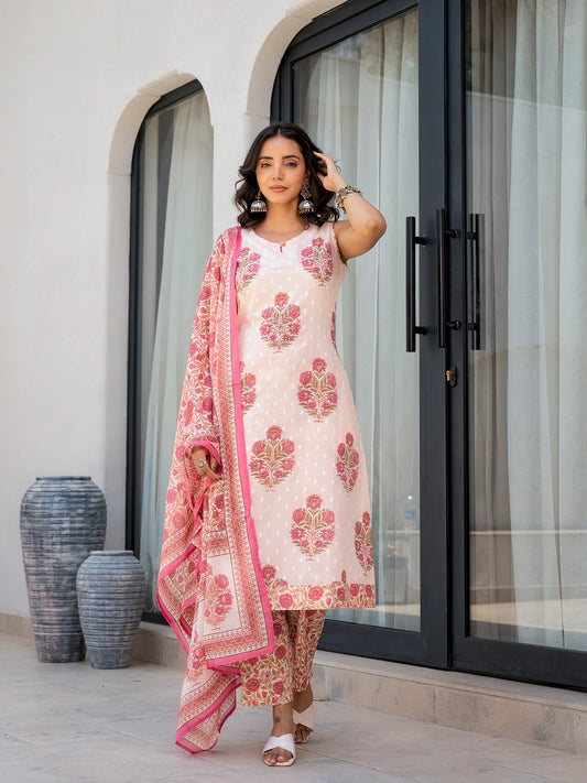 Pink Floral Printed Cotton Straight Fit Kurta Pant Set