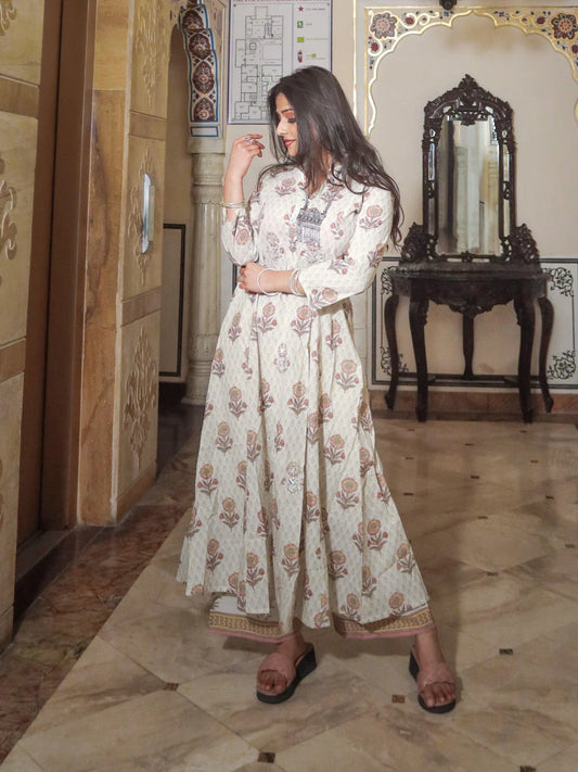 Ivory White Self Print Cotton Kurti with Palazzo Set
