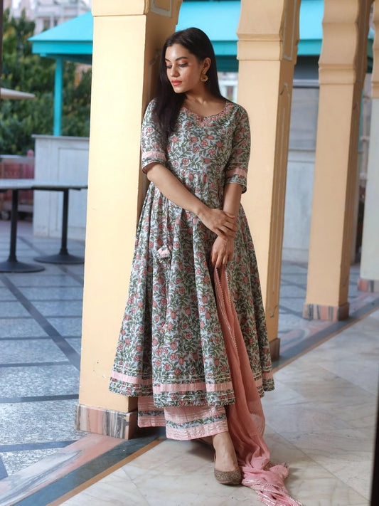 Pastel Blue Floral Anarkali Cotton Kurta Palazzo Set with Dupatta