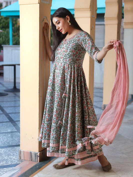 Pastel Blue Floral Anarkali Cotton Kurta Palazzo Set with Dupatta