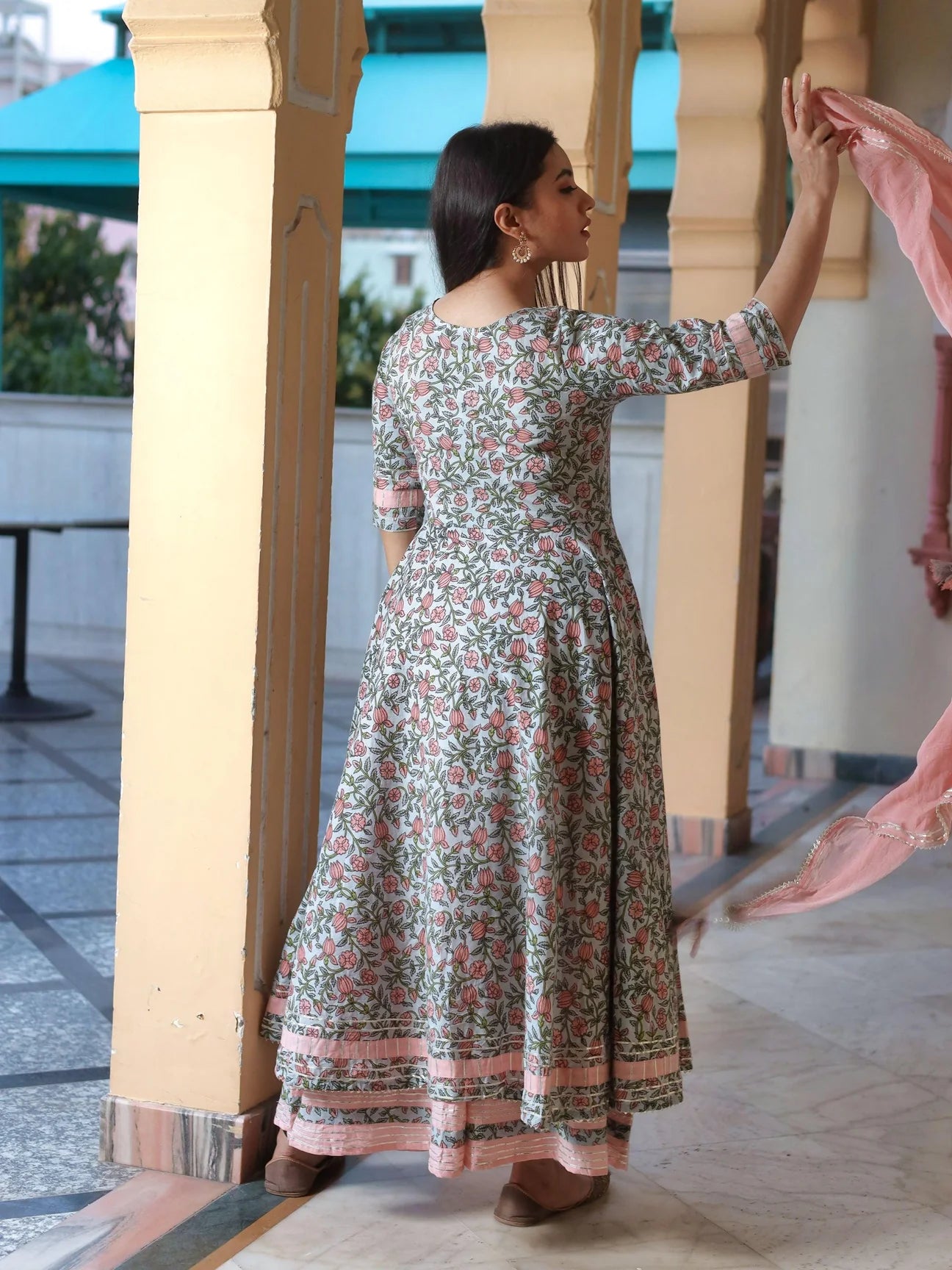 Pastel Blue Floral Anarkali Cotton Kurta Palazzo Set with Dupatta