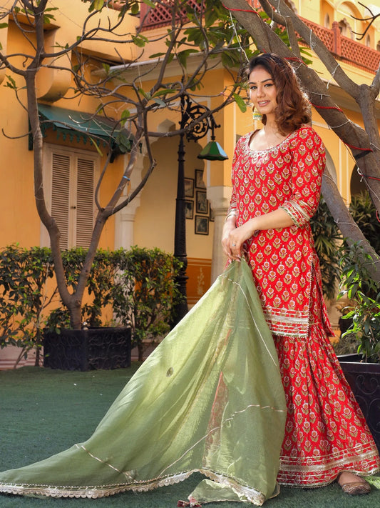 Red Cotton Dabu Printed Kurta Sharara Set with Kota Doria Dupatta