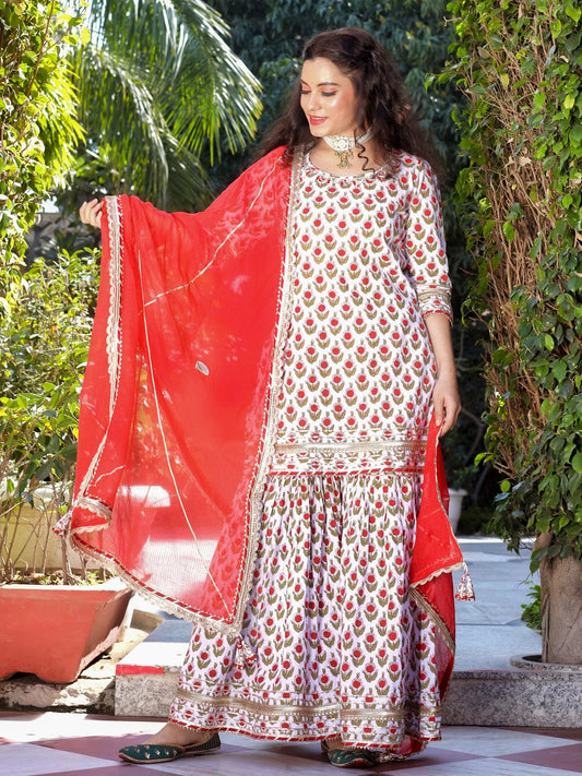 Red & White Cotton Dabu Printed Kurta Sharara Set with Kota Doria Dupatta