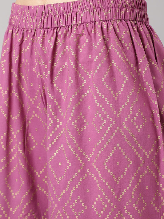 Purple Foil Print Cotton Sharara Set with Dupatta