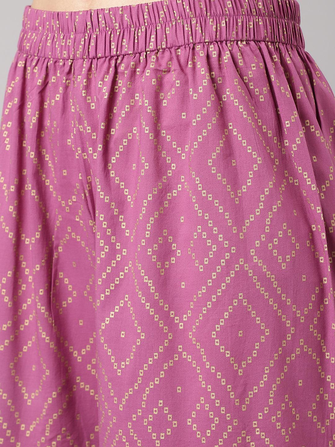 Purple Foil Print Cotton Sharara Set with Dupatta