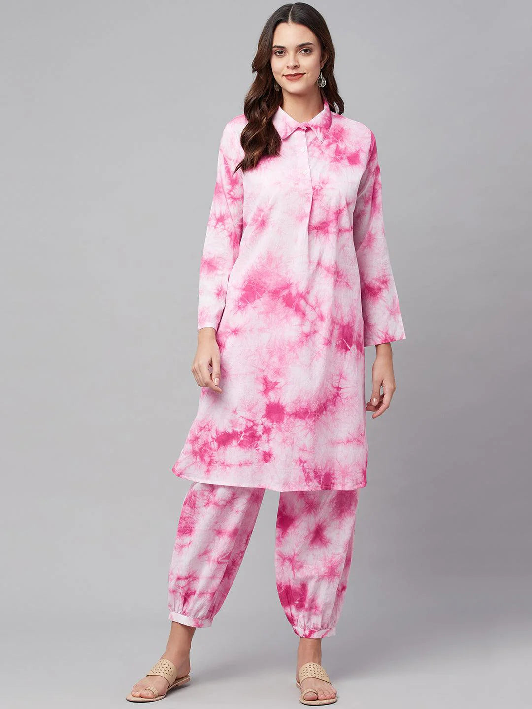 Pink Cotton Shirt Style Kurta Hem Cuffed Pant Set