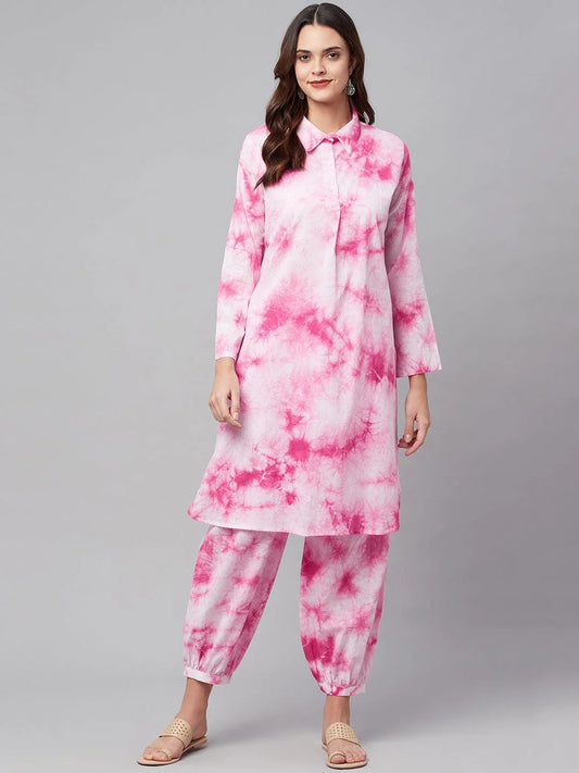 Pink Cotton Shirt Style Kurta Hem Cuffed Pant Set