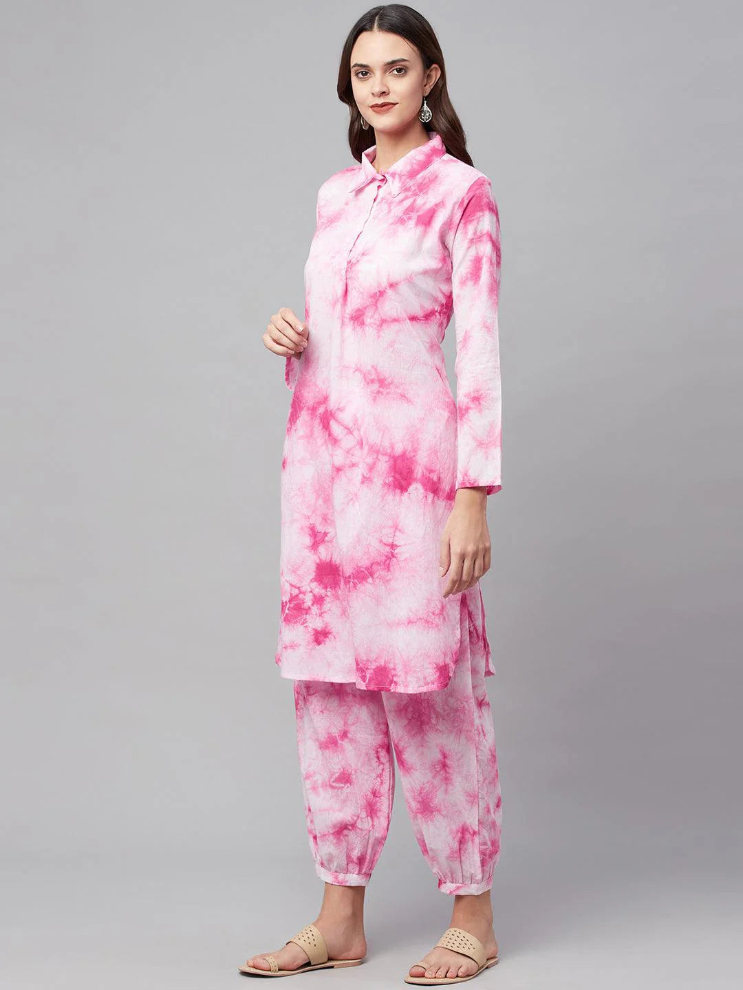 Pink Cotton Shirt Style Kurta Hem Cuffed Pant Set