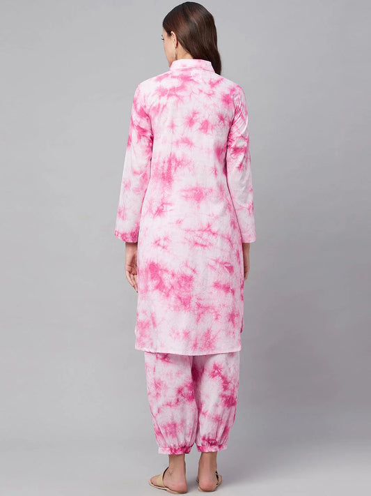 Pink Cotton Shirt Style Kurta Hem Cuffed Pant Set