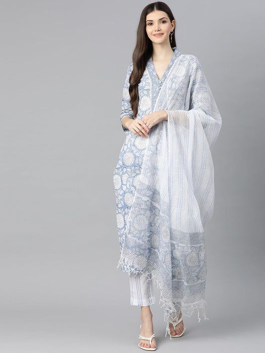 Sky Blue Hand Block Printed Straight Kurta Pant Set with Dupatta