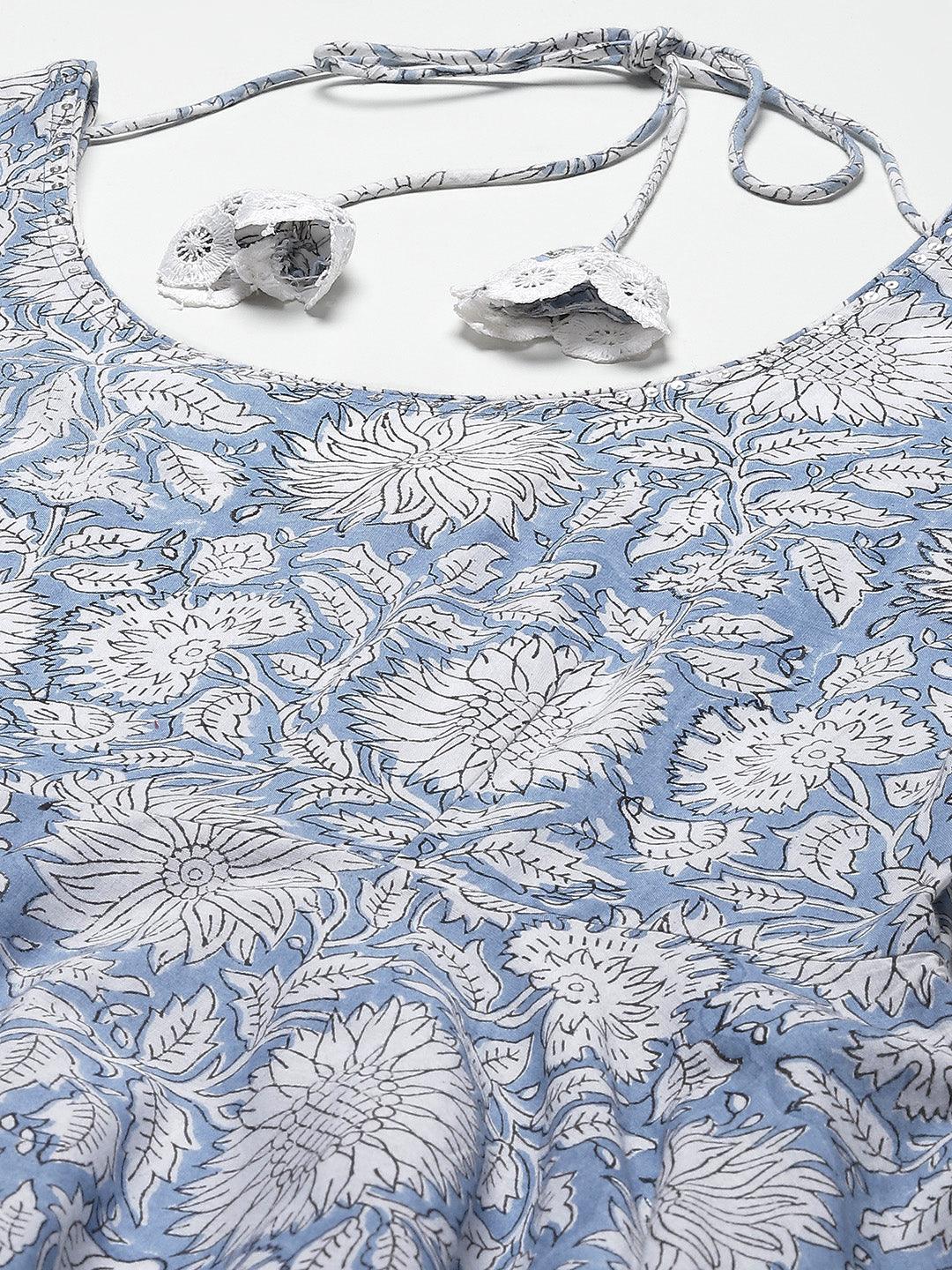 Sky Blue Hand Block Printed Anarkali Kurta Pant Set with Dupatta