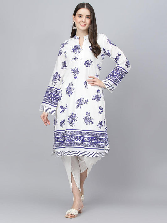 White Floral Printed Straight Kurta with Tulip Pant Set