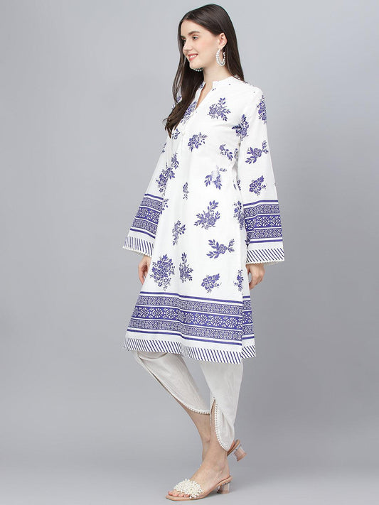White Floral Printed Straight Kurta with Tulip Pant Set