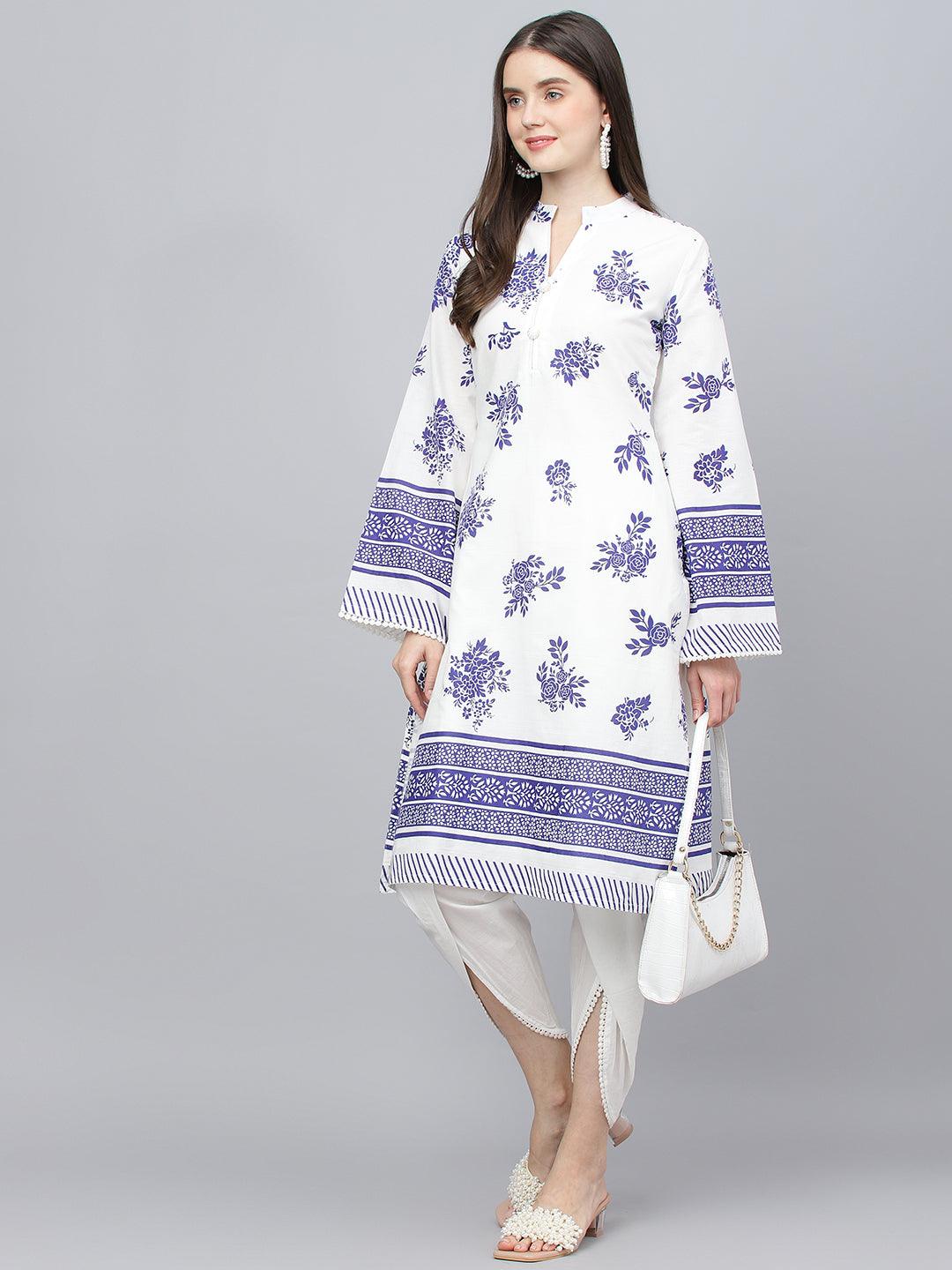 White Floral Printed Straight Kurta with Tulip Pant Set