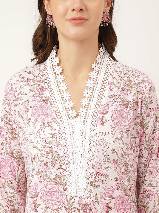 White Hand Block Floral Print Cotton Kurta, Trouser with Dupatta