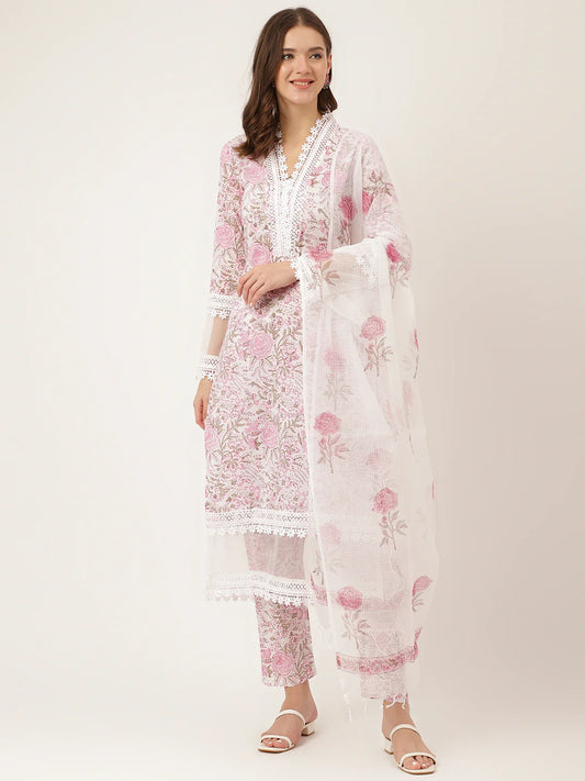 White Hand Block Floral Print Cotton Kurta, Trouser with Dupatta