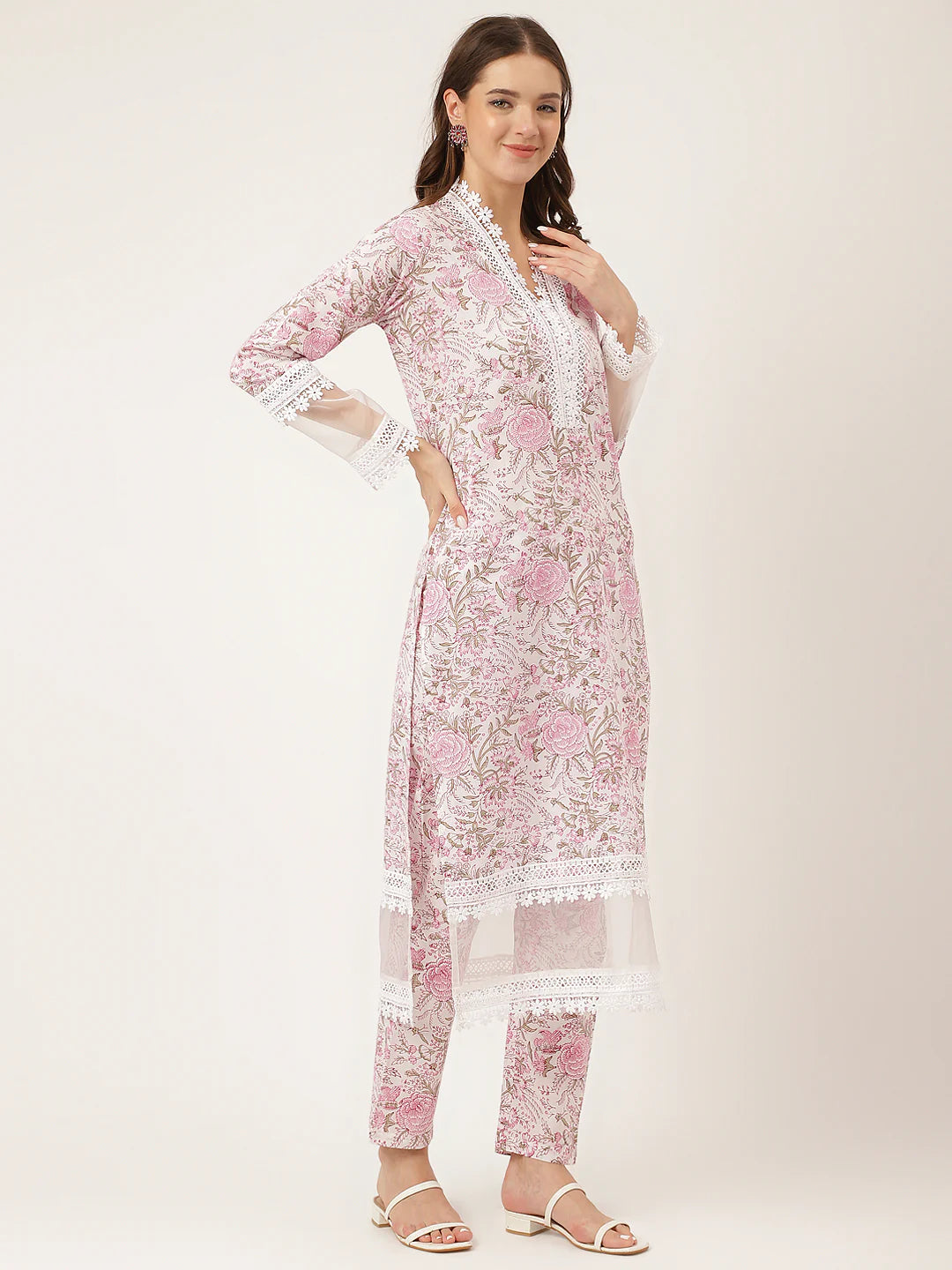 White Hand Block Floral Print Cotton Kurta, Trouser with Dupatta