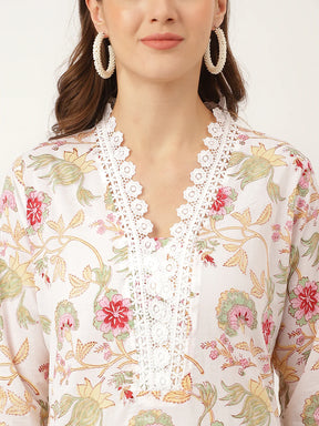 Off White Hand Block Floral Print Cotton Kurta, Trouser with Dupatta