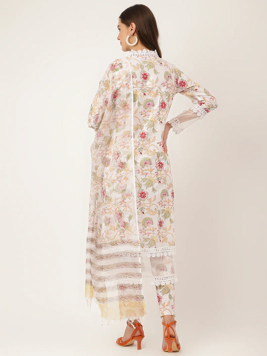 Off White Hand Block Floral Print Cotton Kurta, Trouser with Dupatta