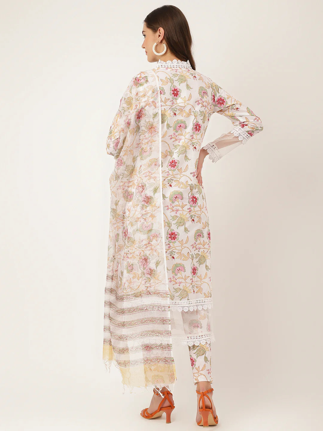 Off White Hand Block Floral Print Cotton Kurta, Trouser with Dupatta