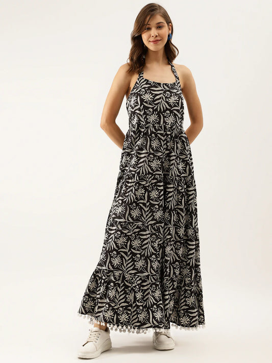 Black Floral Printed Cotton Ethnic Dress