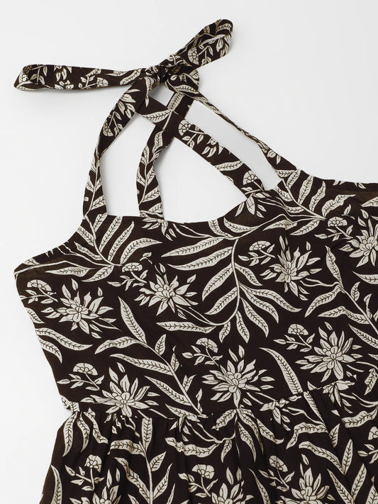 Black Floral Printed Cotton Ethnic Dress