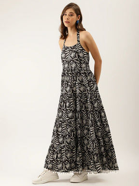 Black Floral Printed Cotton Ethnic Dress
