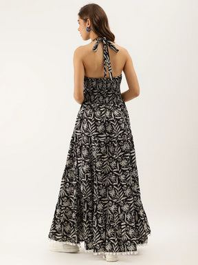 Black Floral Printed Cotton Ethnic Dress