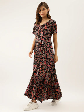 Black Multi Floral Printed Rayon Ethnic Dress