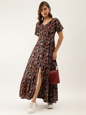 Black Multi Floral Printed Rayon Ethnic Dress