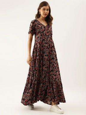 Black Multi Floral Printed Rayon Ethnic Dress