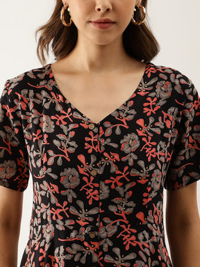 Black Multi Floral Printed Rayon Ethnic Dress
