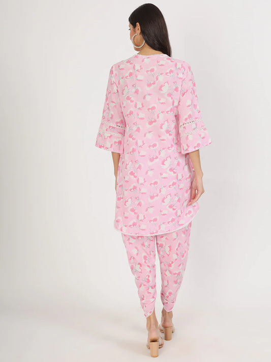Pink Floral Printed Cotton Kurta with Dhoti Co-Ord Set